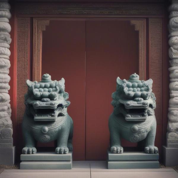 Foo Fu dog statues guarding a home's entrance.