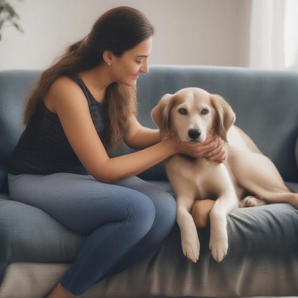 A woman cuddling a foster dog on a sofa.