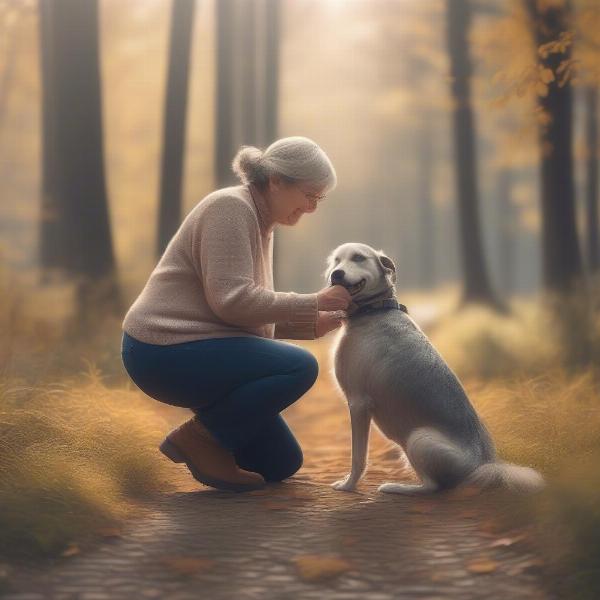 Senior dog being comforted by a foster parent