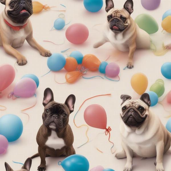 French Bulldog and Pug playing with a balloon dog toy.