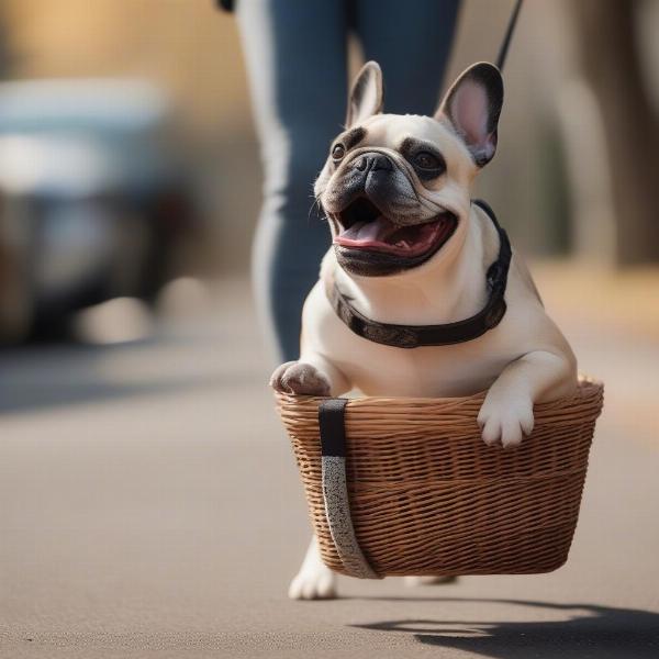 French Bulldog happily wearing muzzle during walk