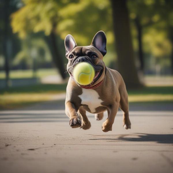 A French Bulldog playing fetch in a park