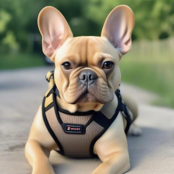 French Bulldog wearing a harness