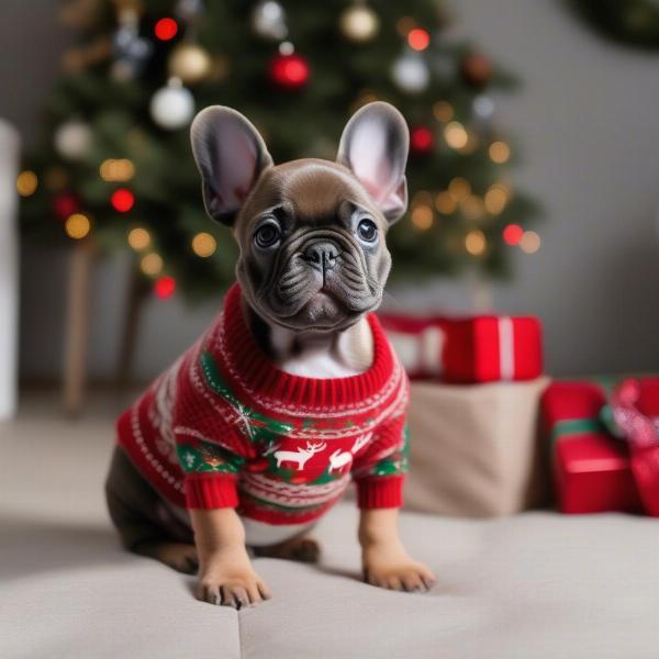 Frenchie wearing a Christmas sweater