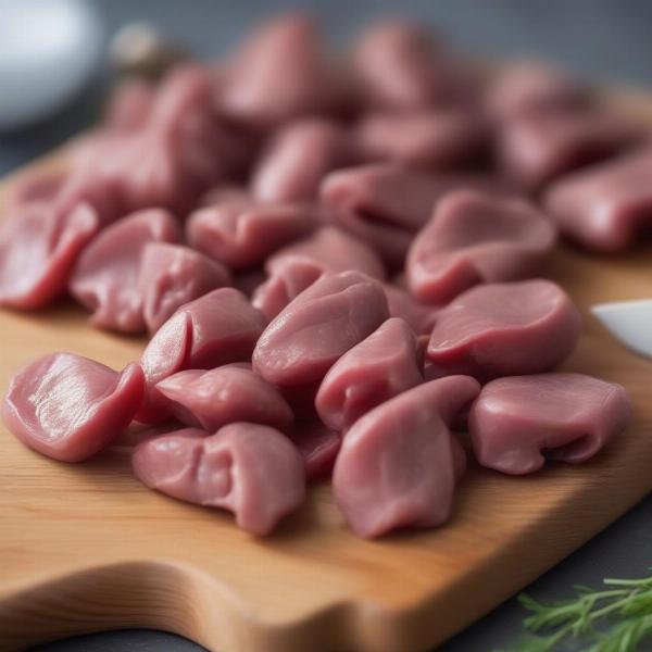 Fresh chicken hearts being prepared