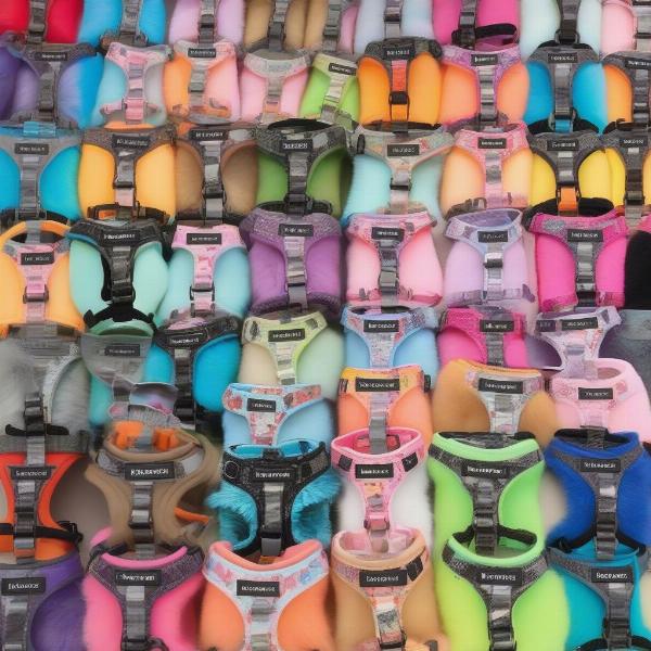 Fuzzyard dog harnesses in various bright and fun designs.