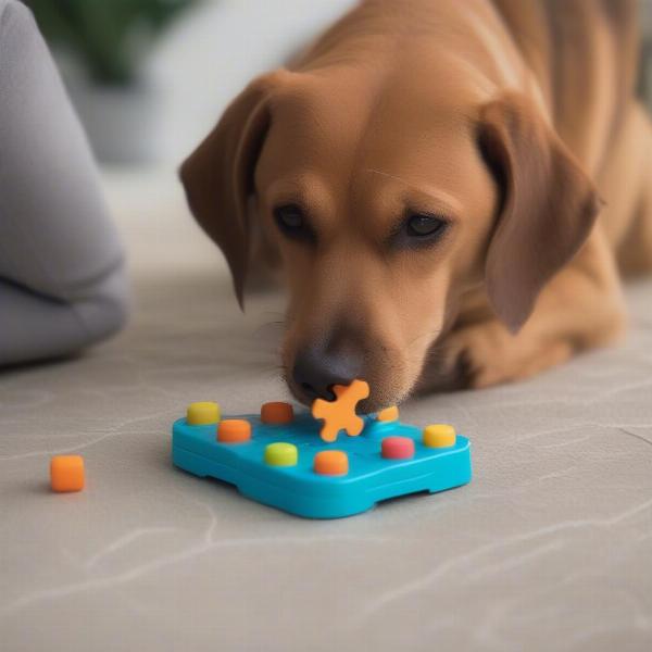 Dog playing with a puzzle toy