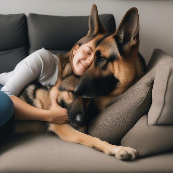 German Shepherd cuddling with owner