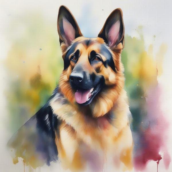 Playful German Shepherd Dog Watercolor Painting