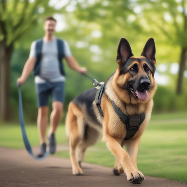 German Shepherd walking comfortably in a harness