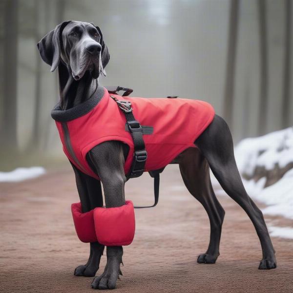 Giant breed dog wearing a winter coat