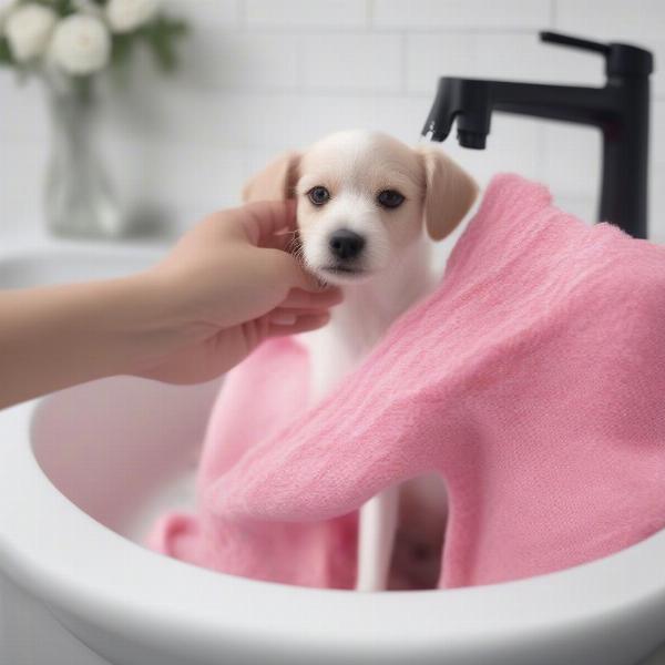 Washing a pink dog sweater