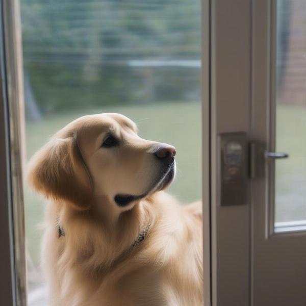 Dog enjoying the view through a glass door with a built-in dog door