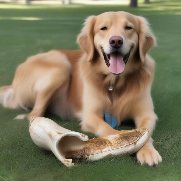 Dog chewing a goat horn