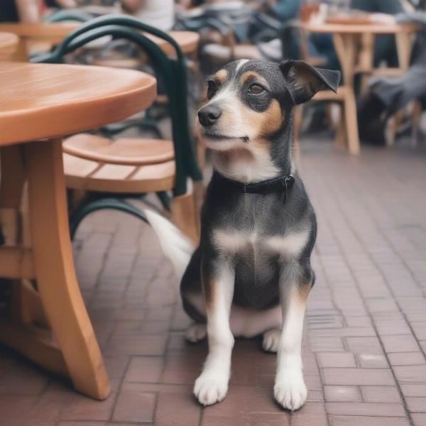 Dog sitting patiently under a table at a dog-friendly cafe on the Gold Coast.