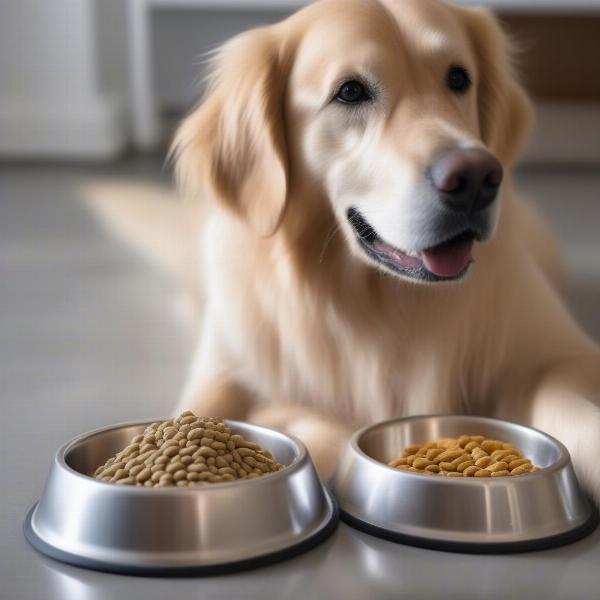 Golden Retriever enjoying a bowl of dog food