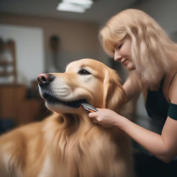 Golden Retriever being groomed