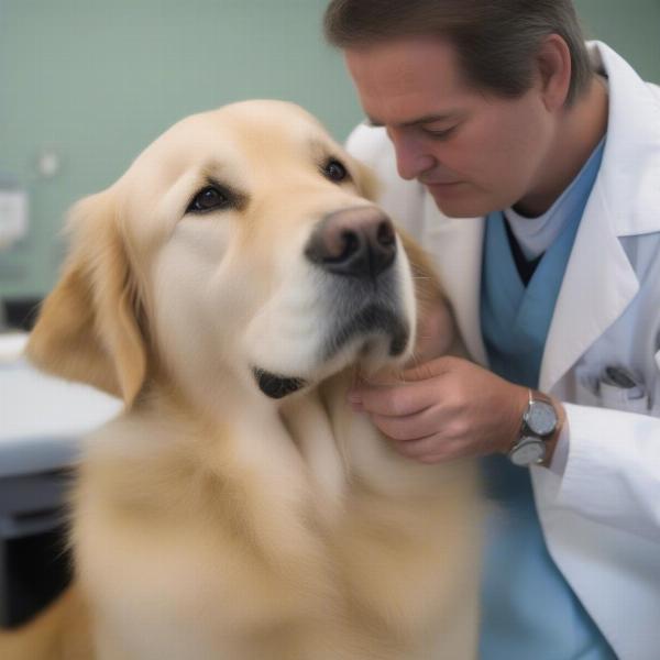 Veterinarian conducting a health check on a Golden Retriever stud dog.