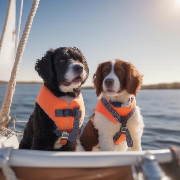 Dogs on a Sailboat: A Portuguese Water Dog and a Brittany Spaniel enjoy the open water on a sailboat.