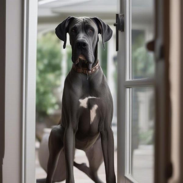 Great Dane standing guard at the front door