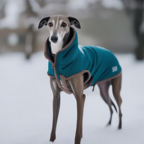 Greyhound bundled up in winter gear