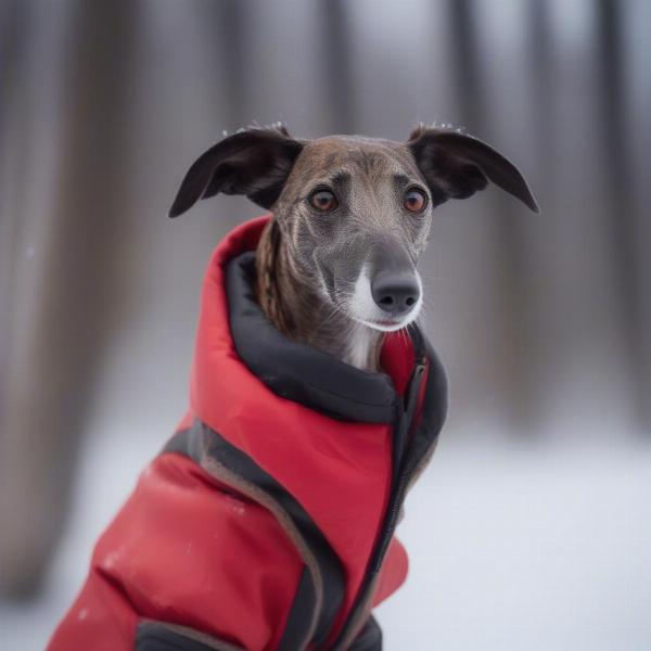 Greyhound wearing a jacket in cold weather