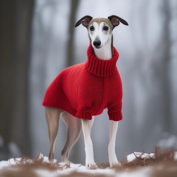 Greyhound wearing a sweater in cold weather