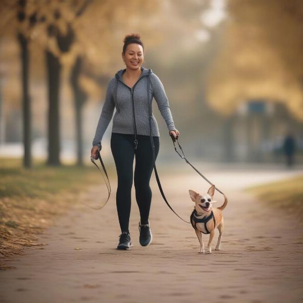 Small dog walking with a hands-free leash