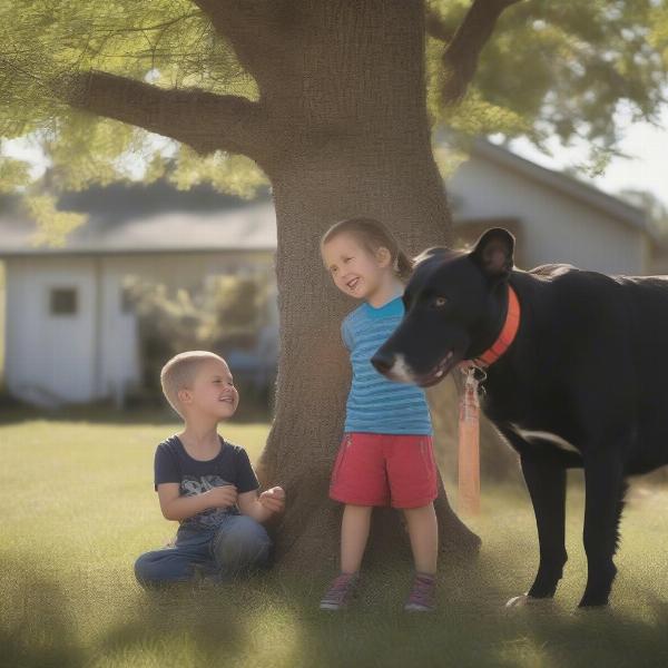 Hangin Tree Cow Dog playing with children