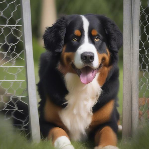 Happy Bernese Mountain Dog Playing in a Garden