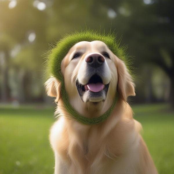 A blind dog wearing a halo happily exploring a park