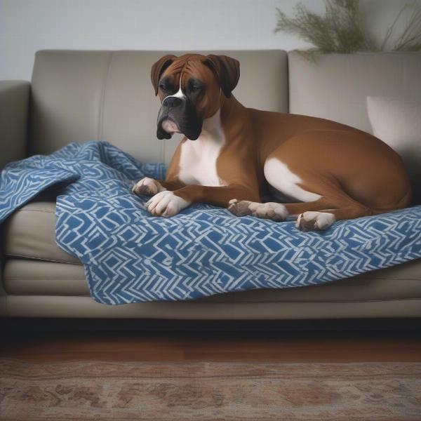 Happy boxer dog covered with a blanket on a sofa