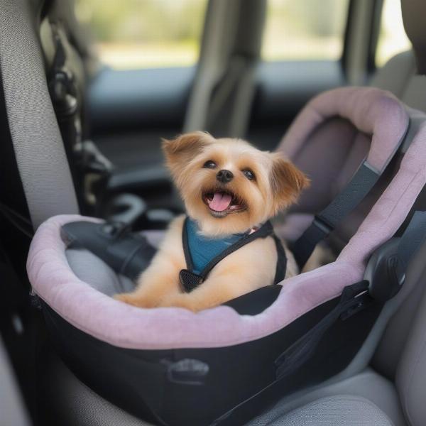 Happy dog in a console car seat