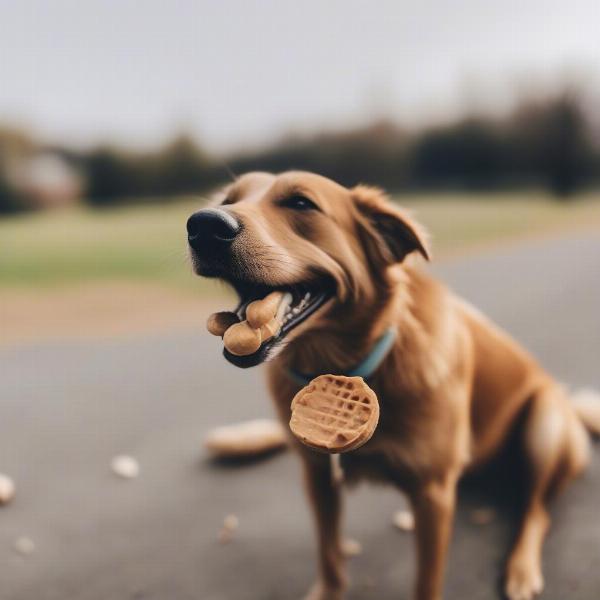 Happy dog enjoying a peanut butter treat