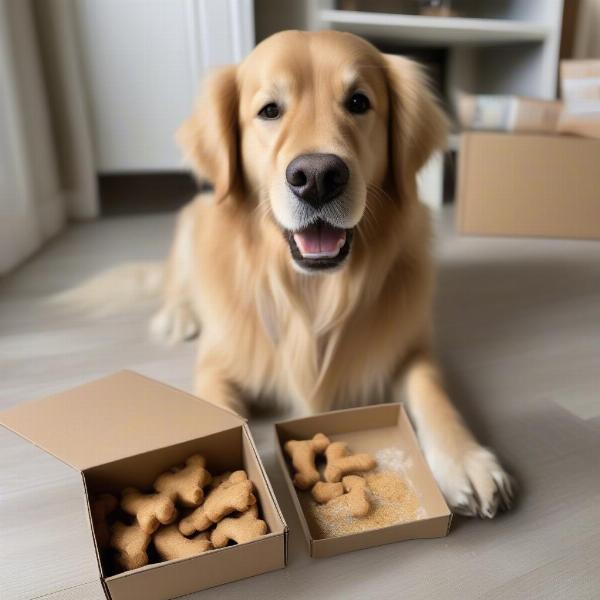 A happy dog enjoying treats from a box