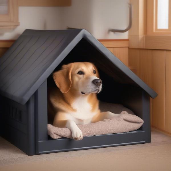 Happy Dog in Warm Dog House