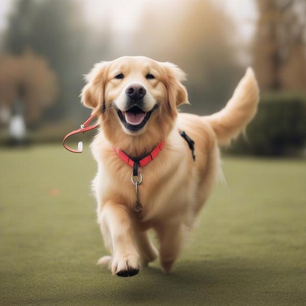 A happy dog on a leash during a walk