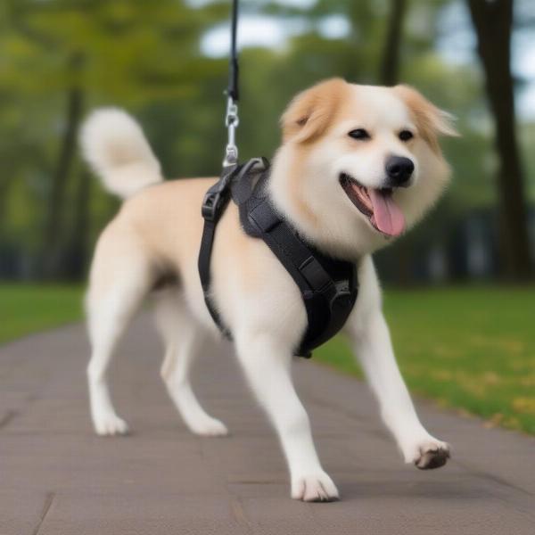 A happy tripod dog walking in a harness