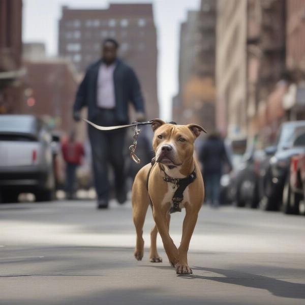 Dog walking on a city street in Harlem