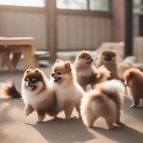 Healthy Pomeranian puppies interacting