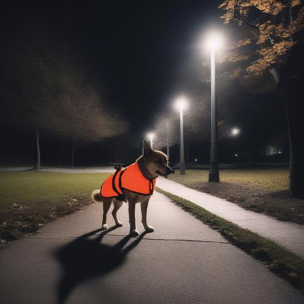 Dog wearing a high visibility jacket on a night walk