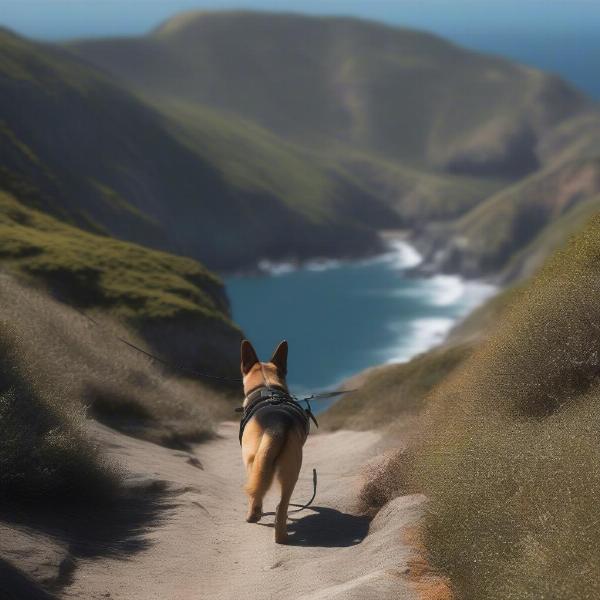 Hiking Coastal Trail with Dog on Leash