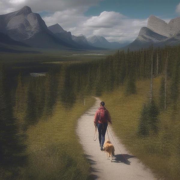 Hiking with a dog on a scenic mountain trail in Canmore, Alberta.