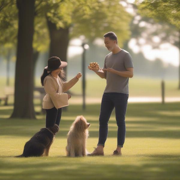 A dog owner practicing obedience training with their dog in a park