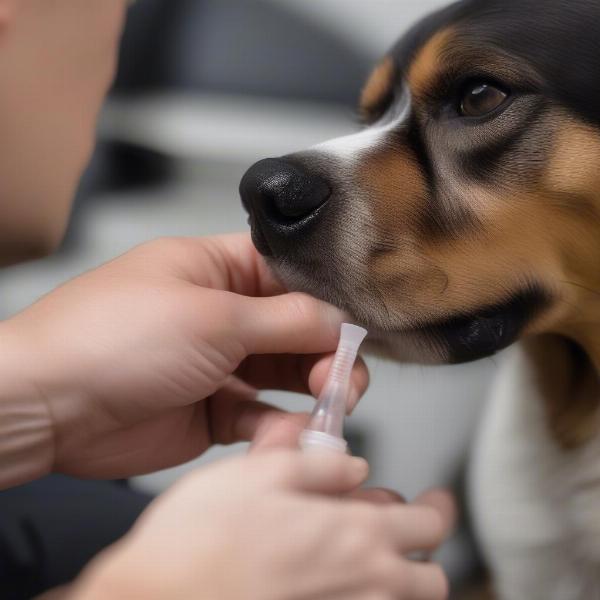 Homatropine eye drops being administered to a dog