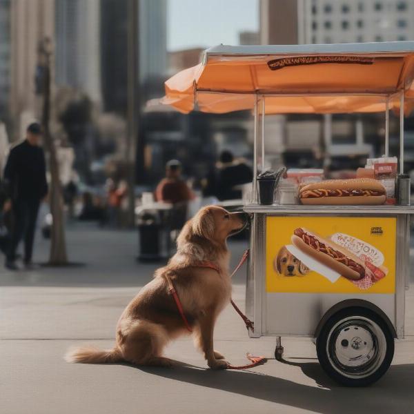 Dog on leash near hot dog cart