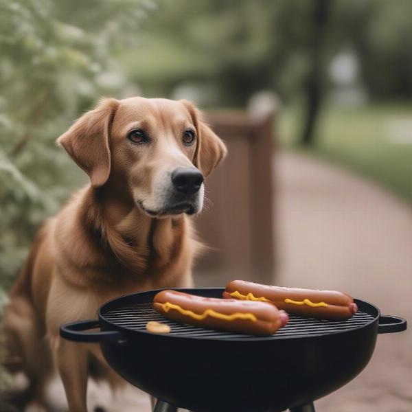 Dog looking curiously at a hot dog grill