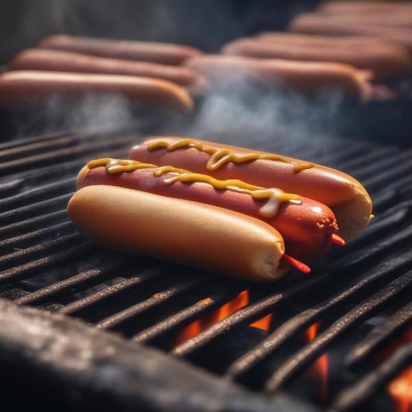 Hot dog sizzling on a grill