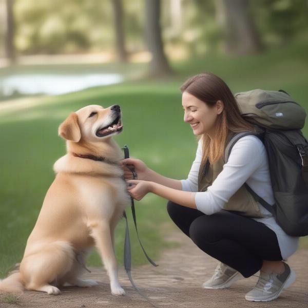 Training a dog to wear a hiking backpack.