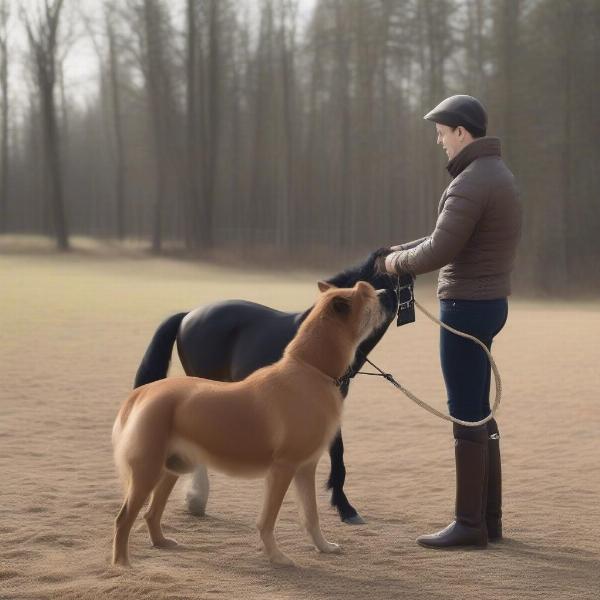 Training a dog near a horse